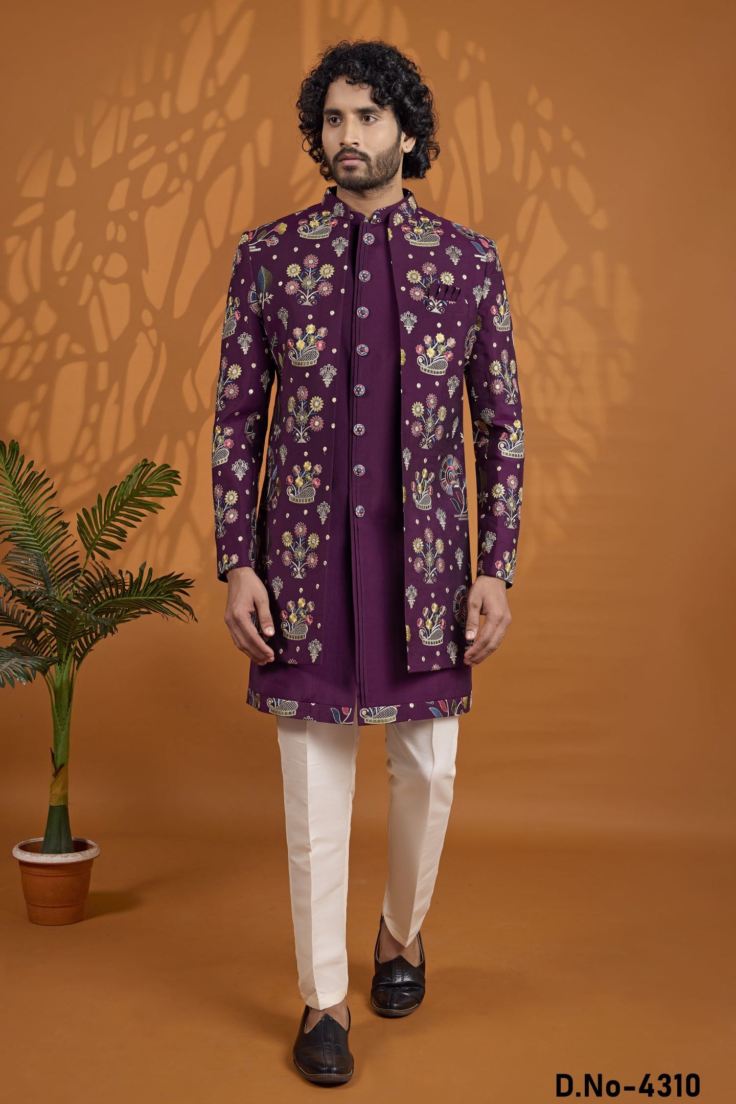 Dark Purple Thread Embroidery Sherwani for Men Wedding - Art Silk