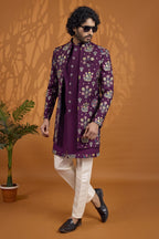 Plum Art Silk Thread Embroidery Sherwani for Men Wedding