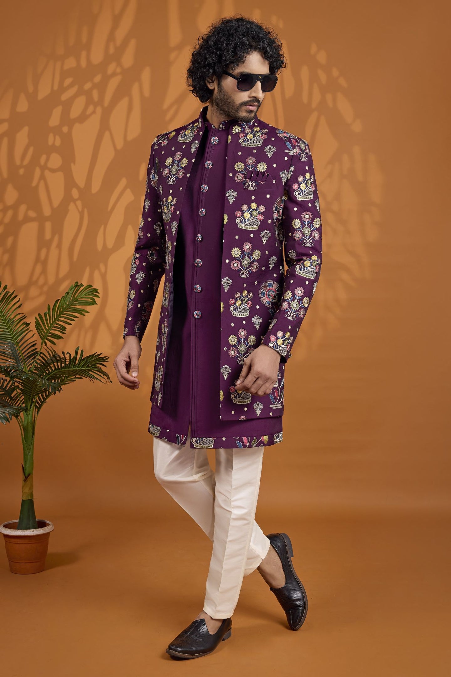 Dark Purple Thread Embroidery Sherwani for Men Wedding - Art Silk