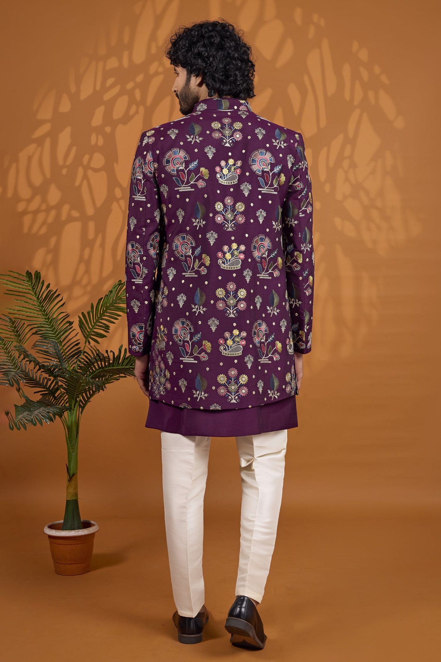 Dark Purple Thread Embroidery Sherwani for Men Wedding - Art Silk