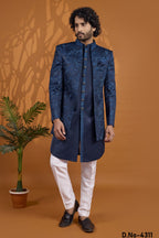 Navy Blue Art Silk Thread Work Sherwani for Men Wedding