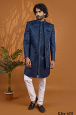 Blue Thread Work Three Piece Sherwani for Men Wedding