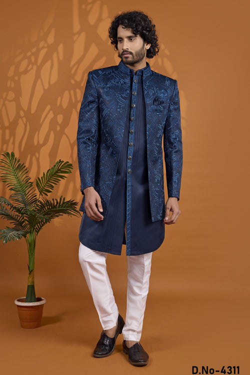 Blue Thread Work Three Piece Sherwani for Men Wedding