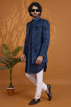 Navy Blue Art Silk Thread Work Sherwani for Men Wedding