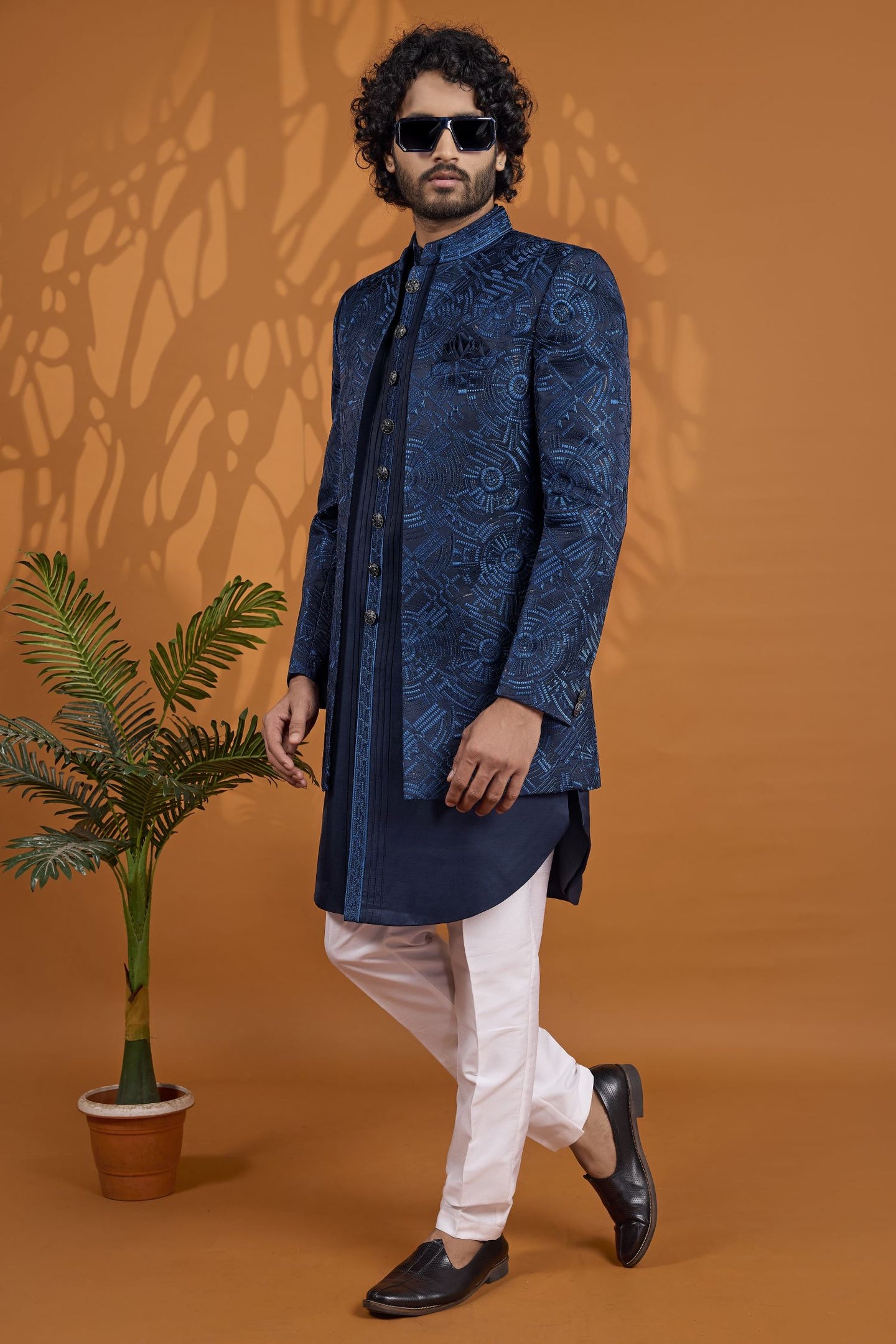 Blue Thread Work Three Piece Sherwani for Men Wedding