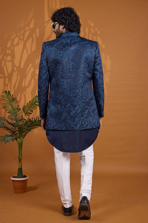 Blue Thread Work Three Piece Sherwani for Men Wedding