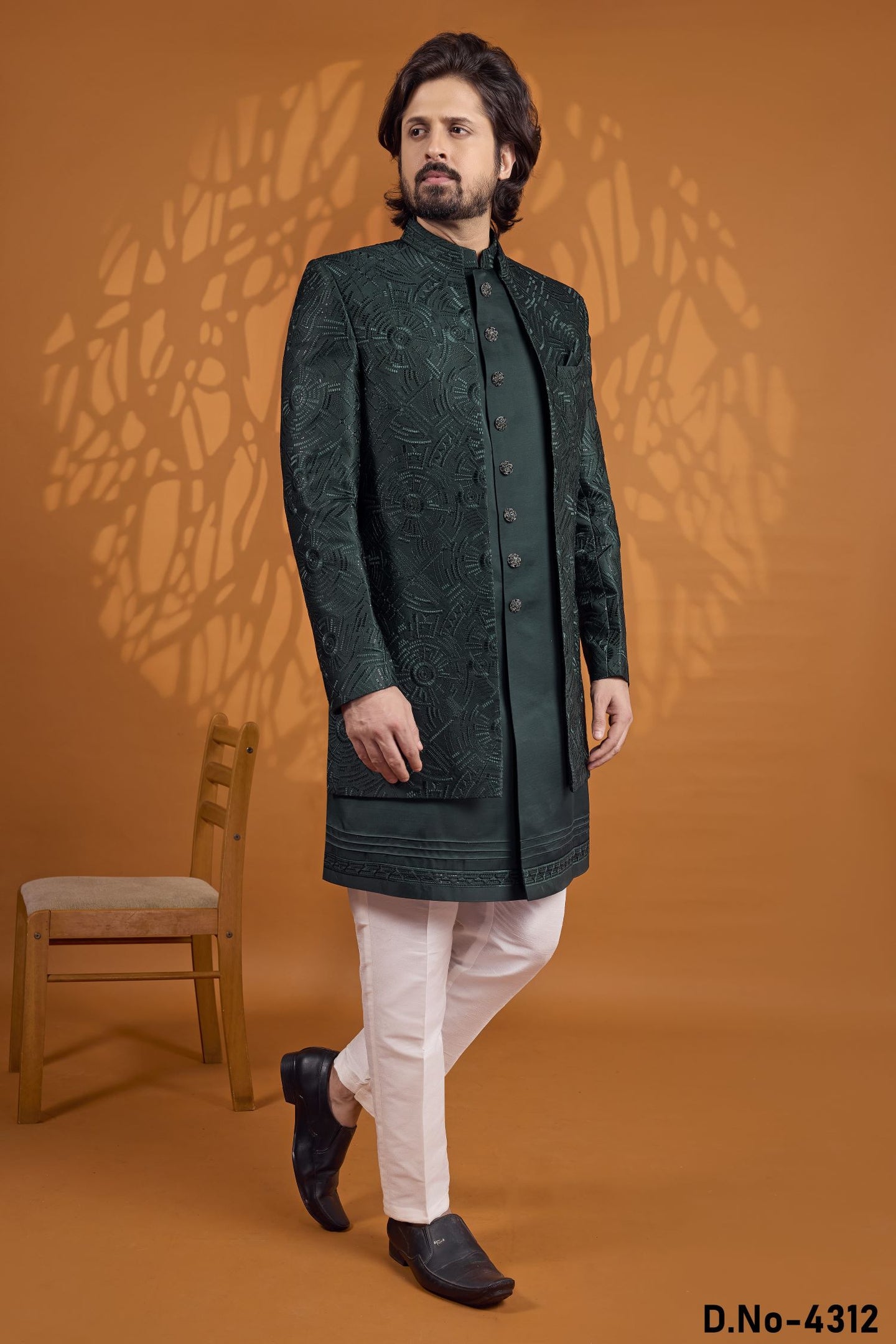 Dark Green Sherwani for Men Wedding with Thread Embroidery Work