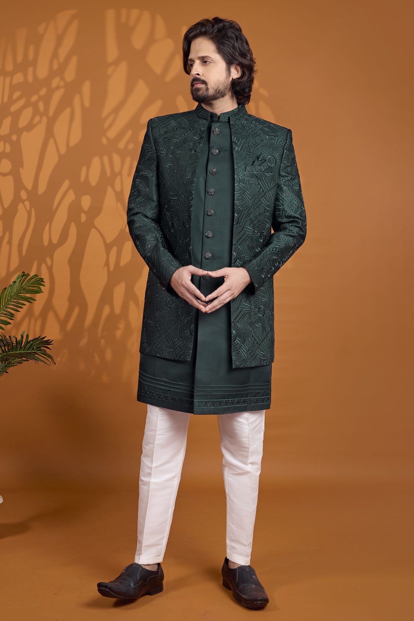 Dark Green Sherwani for Men Wedding with Thread Embroidery Work