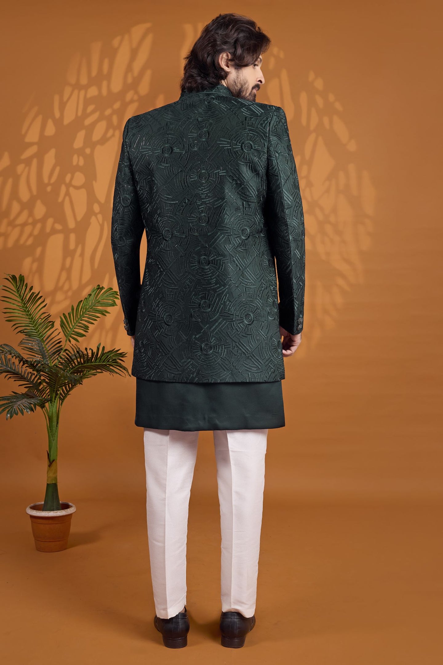Dark Green Sherwani for Men Wedding with Thread Embroidery Work