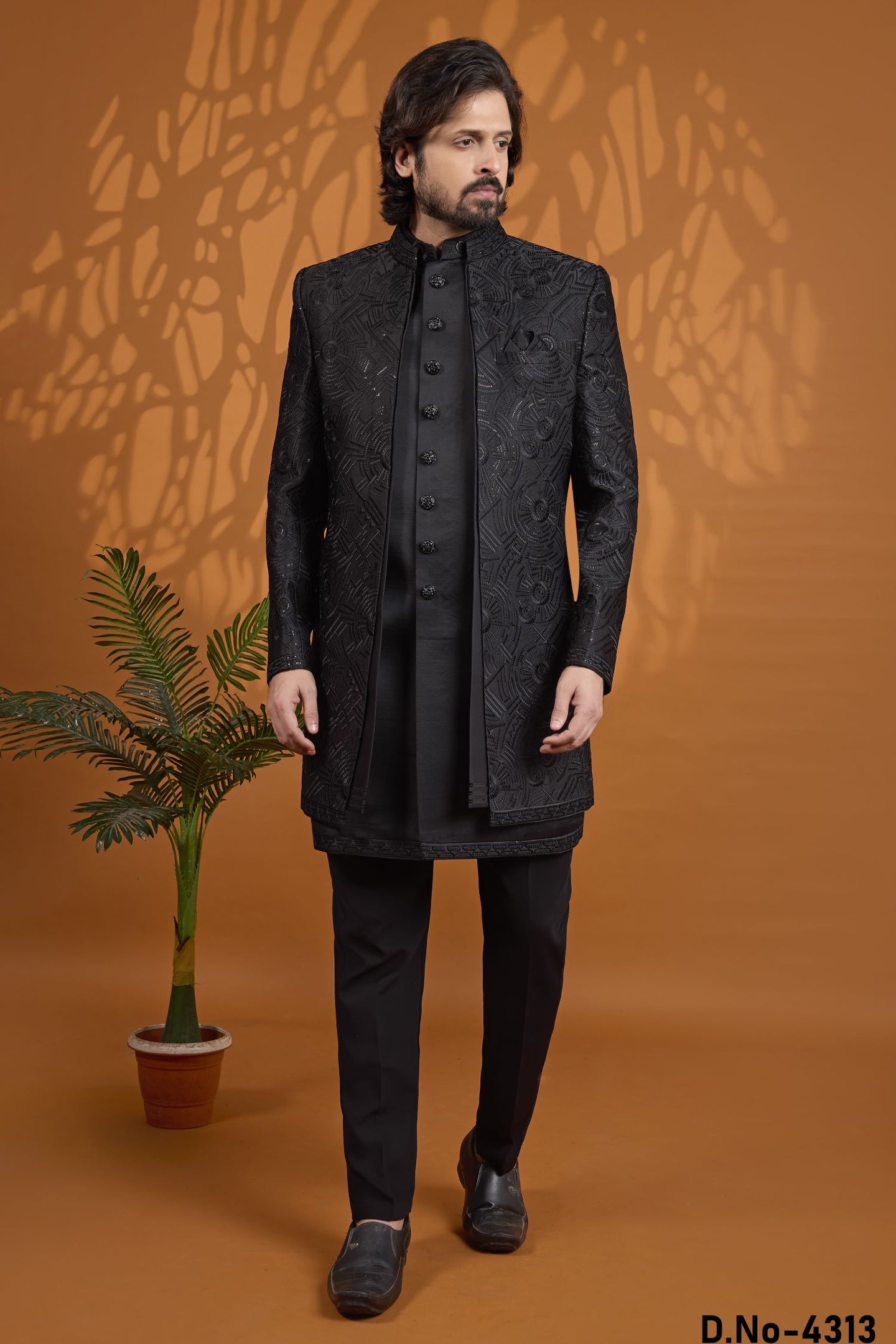 Black Jacket Pant Sherwani for Men Wedding - Thread Embroidery