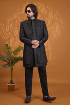 Black Art Silk Thread Embroidery Sherwani for Men Wedding 3 Piece Set