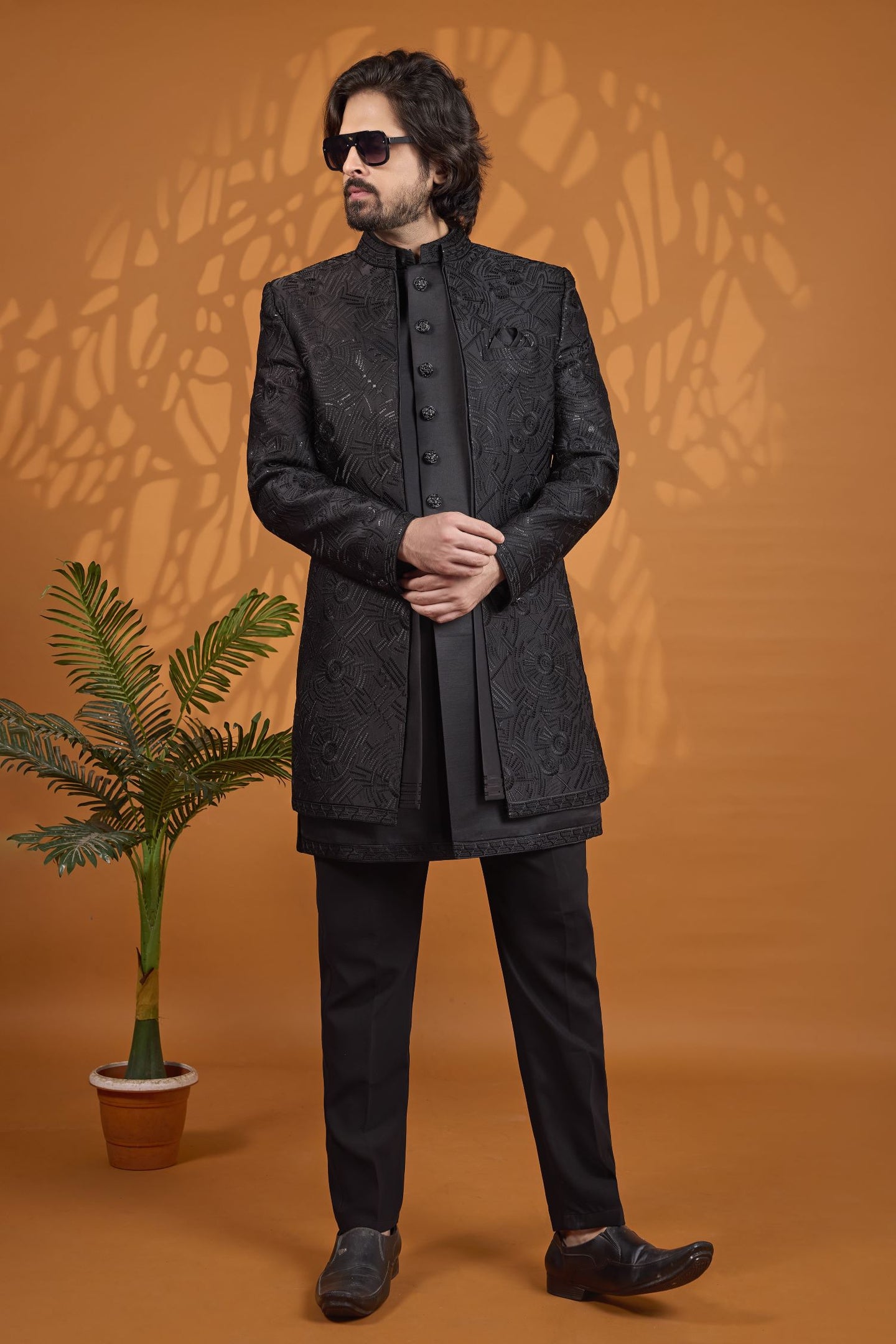 Black Jacket Pant Sherwani for Men Wedding - Thread Embroidery