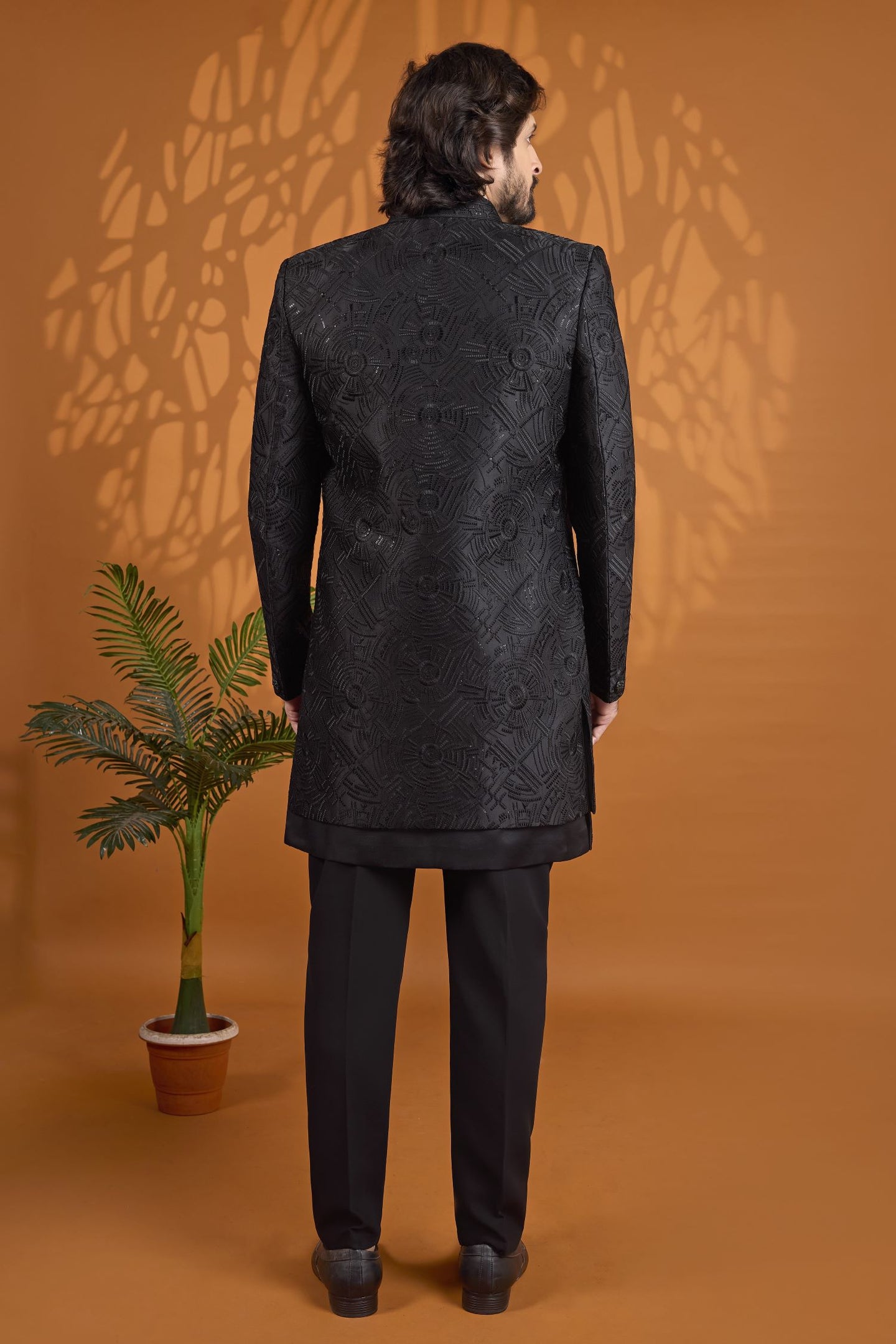 Black Jacket Pant Sherwani for Men Wedding - Thread Embroidery
