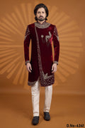 Maroon Velvet Indian Kurta for Men with Embroidery and Pajama