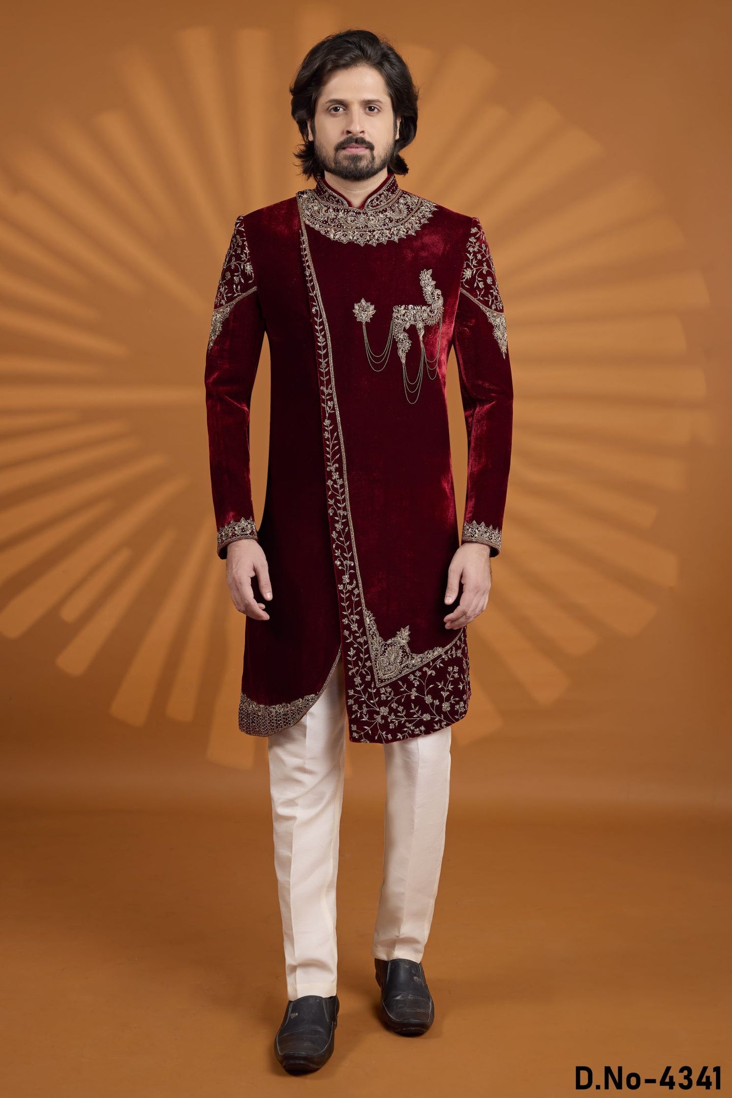 Maroon Velvet Indian Kurta for Men with Embroidery and Pajama