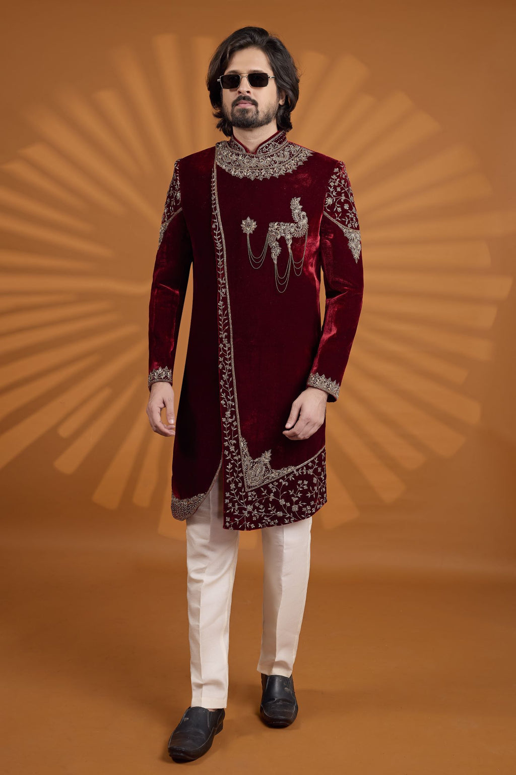 Maroon Velvet Indian Kurta for Men with Embroidery and Pajama
