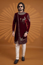 Maroon Velvet Indian Kurta for Men with Embroidery and Pajama