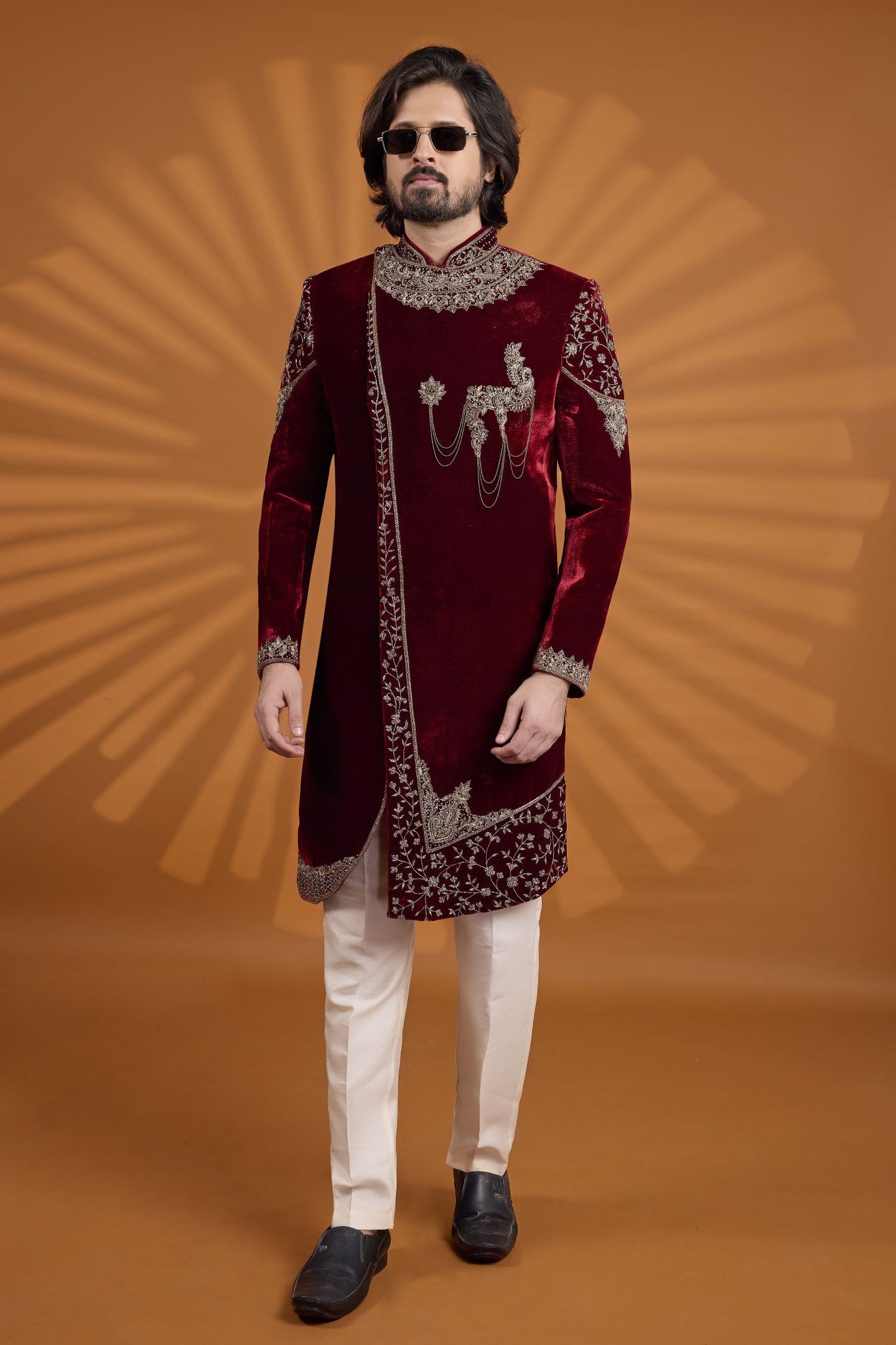 Maroon Velvet Indian Kurta for Men with Embroidery and Pajama