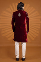 Maroon Velvet Indian Kurta for Men with Embroidery and Pajama