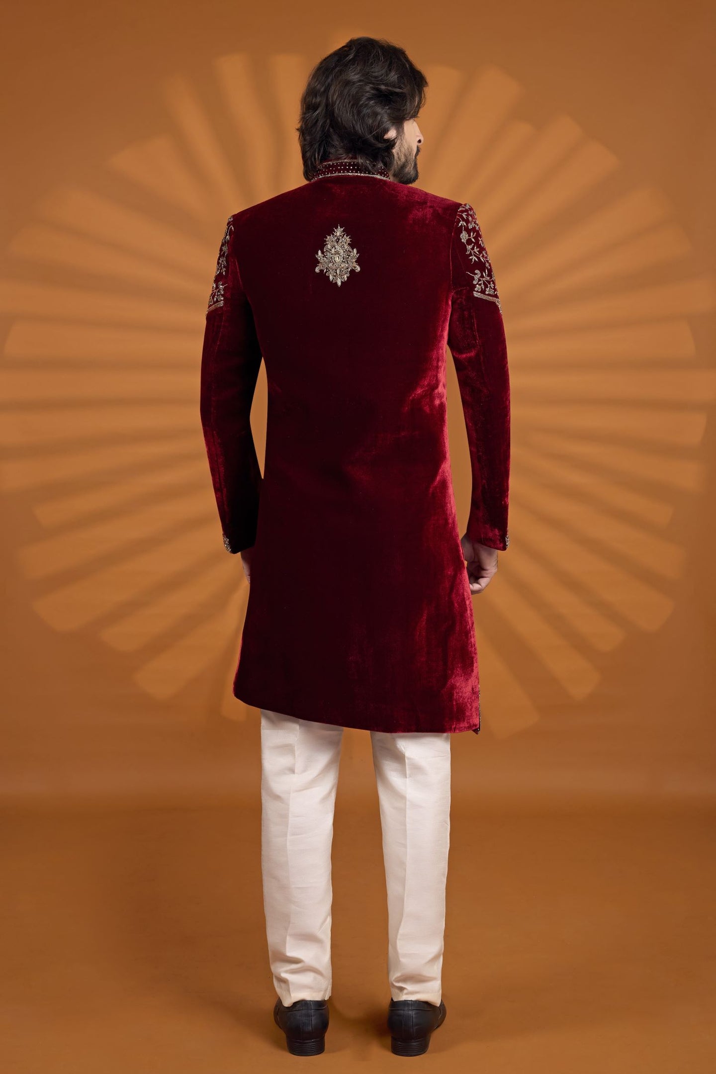 Maroon Velvet Indian Kurta for Men with Embroidery and Pajama