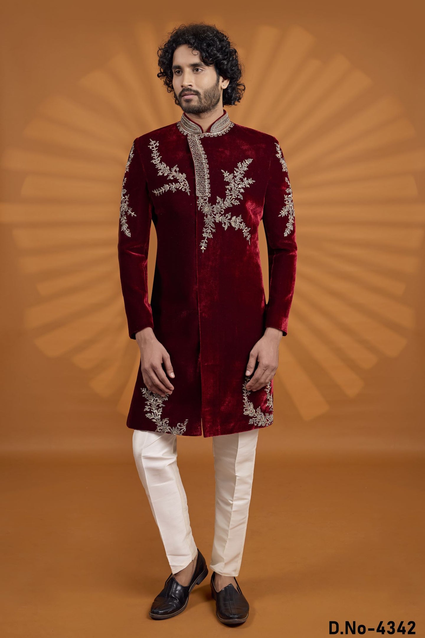 Maroon Velvet Indian Wedding Suit Men with Embroidered Kurta and Pajama