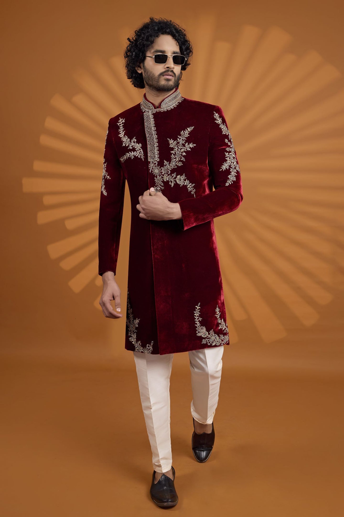 Maroon Velvet Indian Wedding Suit Men with Embroidered Kurta and Pajama