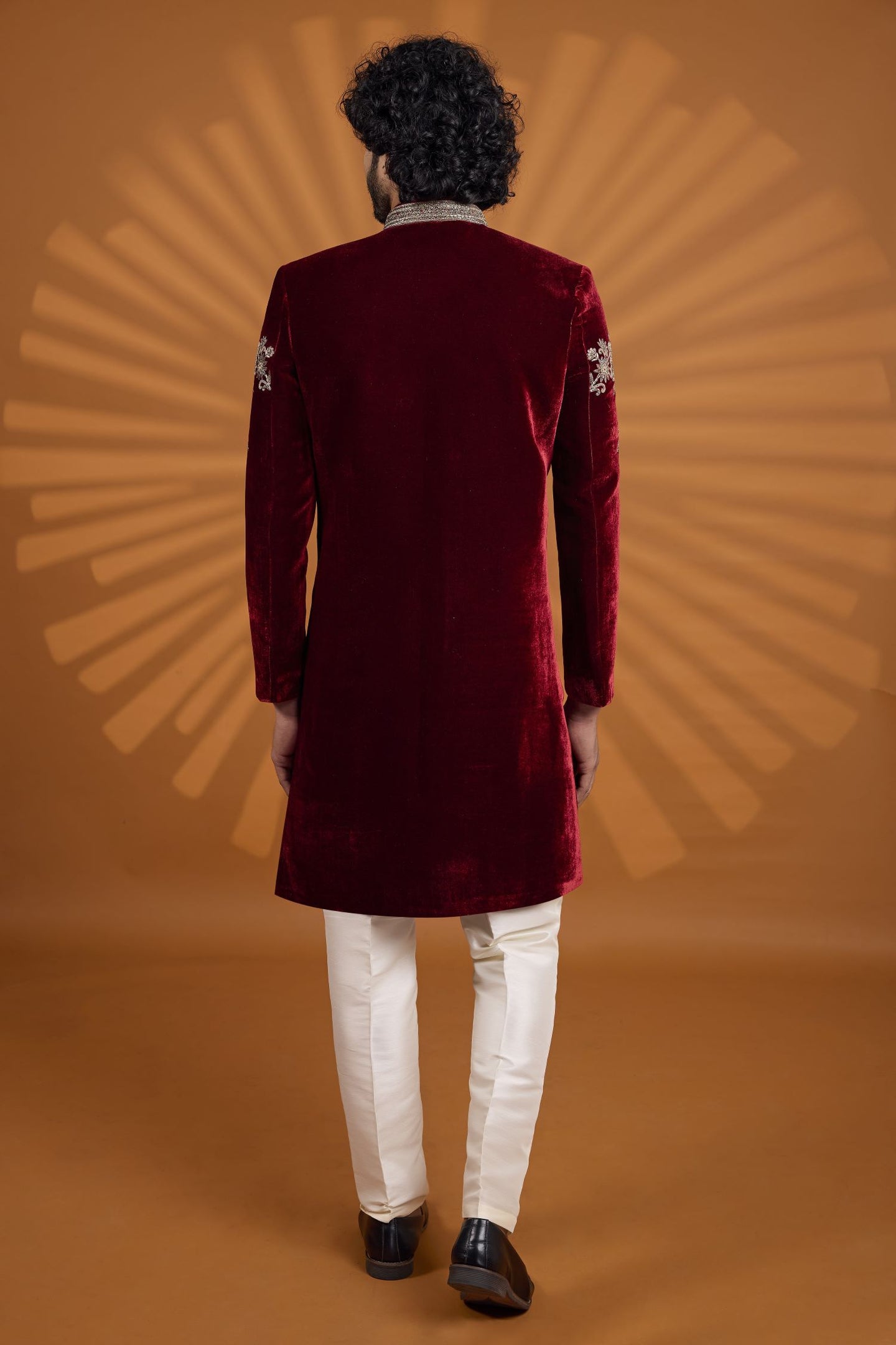Maroon Velvet Indian Wedding Suit Men with Embroidered Kurta and Pajama
