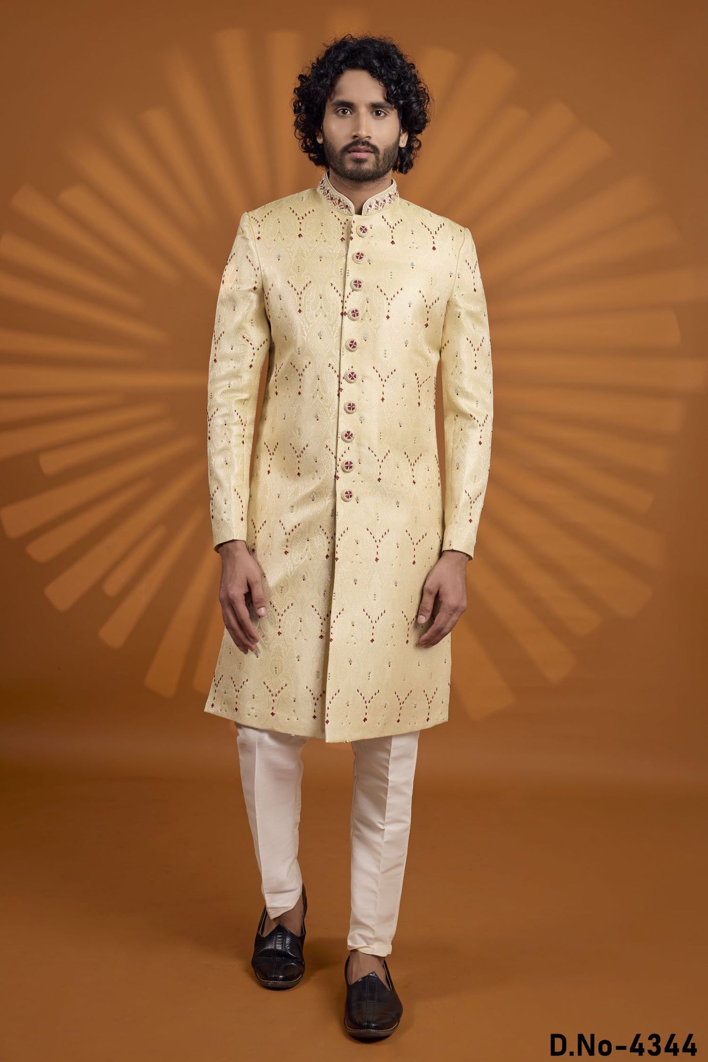 Cream Jacquard Silk Indian Wedding Wear Men Kurta Pajama