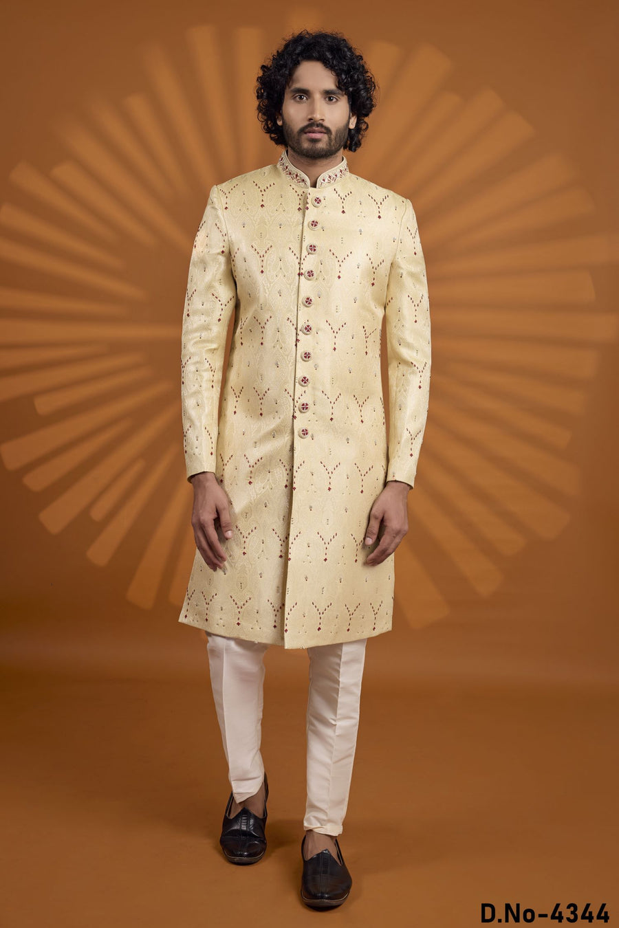 Cream Jacquard Silk Indian Wedding Wear Men Kurta Pajama