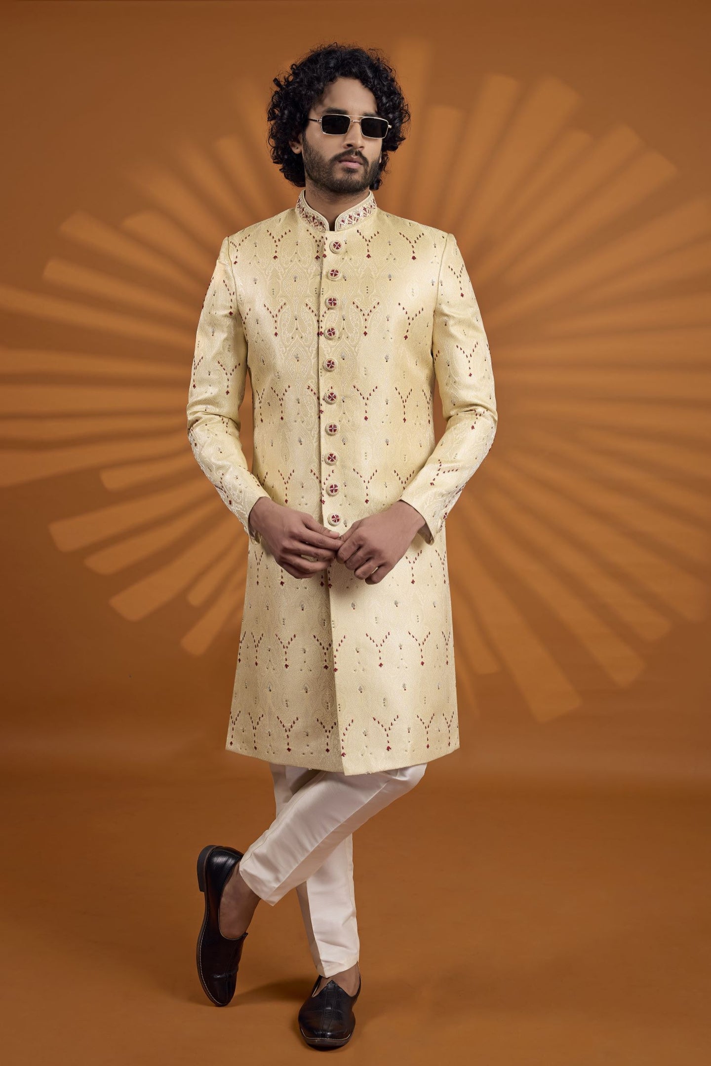 Cream Jacquard Silk Indian Wedding Wear Men Kurta Pajama