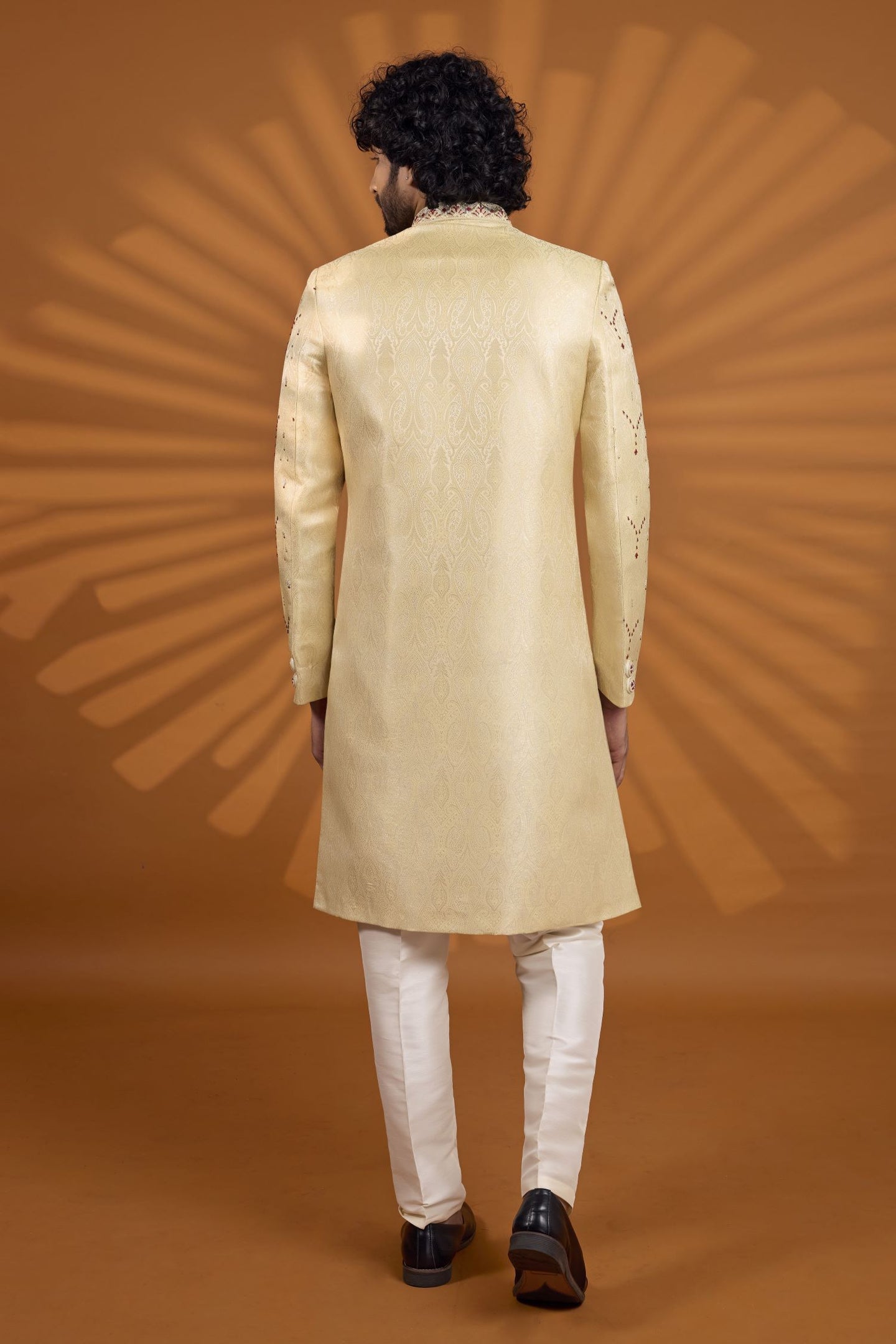 Cream Jacquard Silk Indian Wedding Wear Men Kurta Pajama