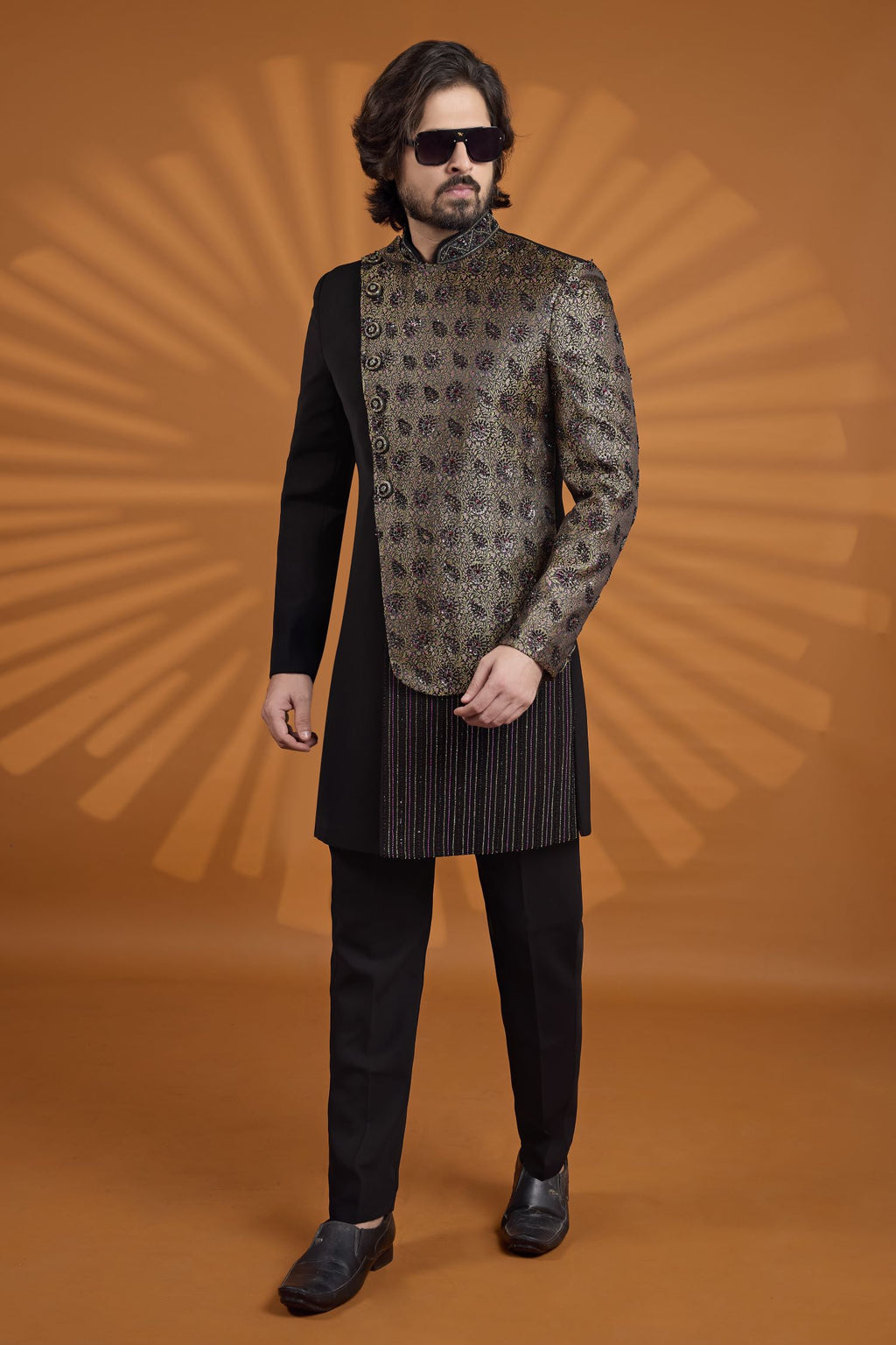 Black Jacquard Silk Indian Wedding Outfit Male with Embroidery Work