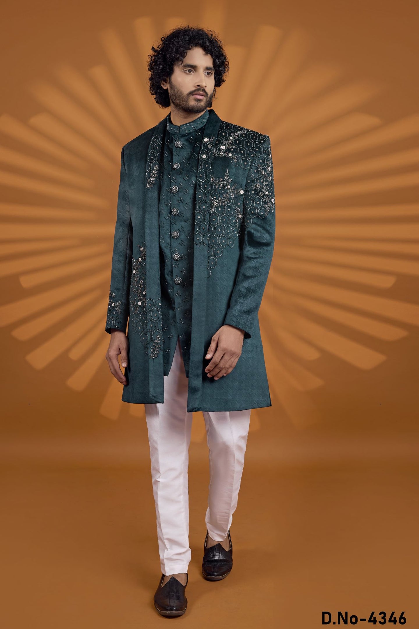 Teal Velvet Indian Wedding Outfit for Mens with Embroidery Kurta Pajama