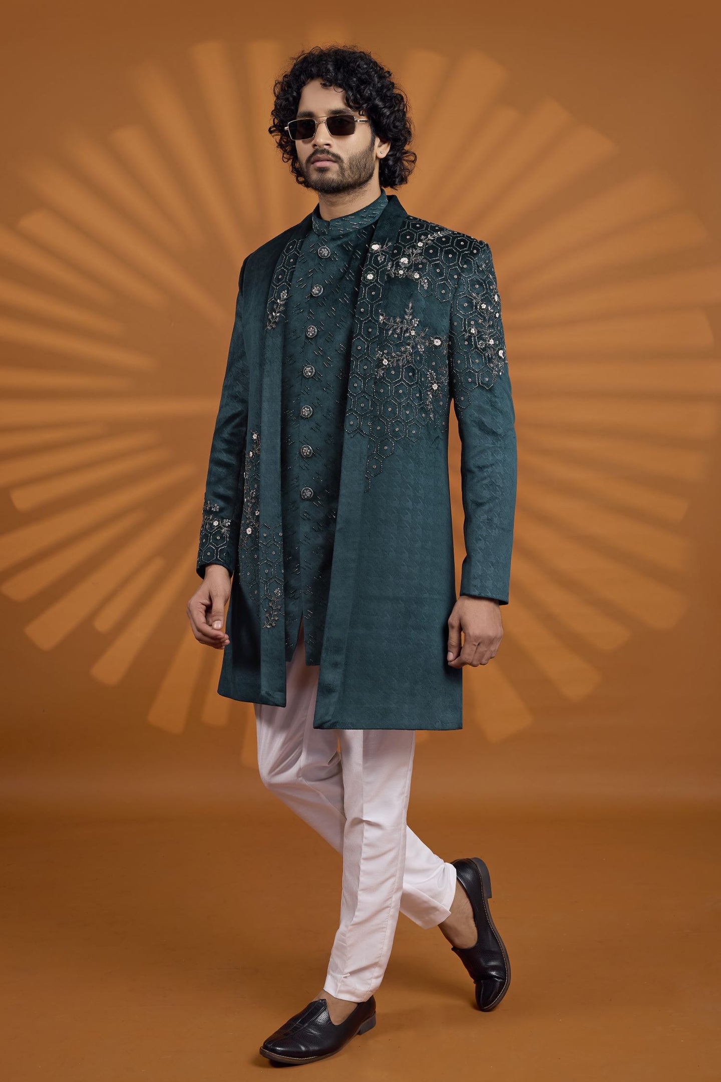 Teal Velvet Indian Wedding Outfit for Mens with Embroidery Kurta Pajama