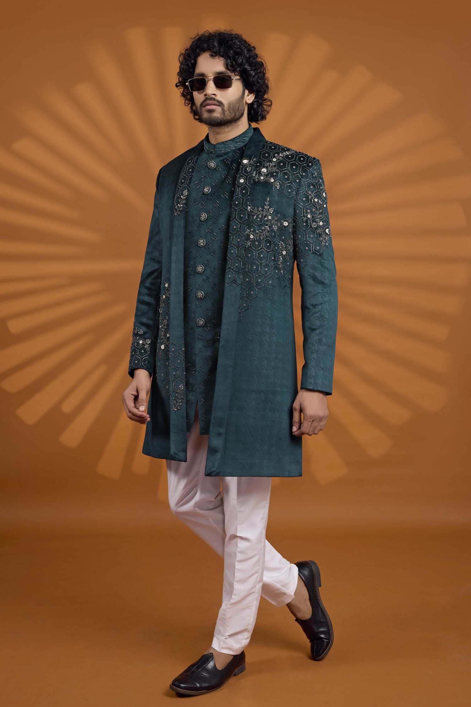 Teal Velvet Indian Wedding Outfit for Mens with Embroidery Kurta Pajama