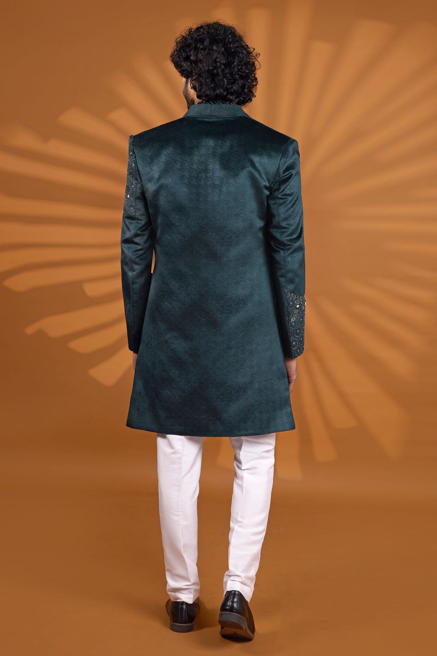 Teal Velvet Indian Wedding Outfit for Mens with Embroidery Kurta Pajama