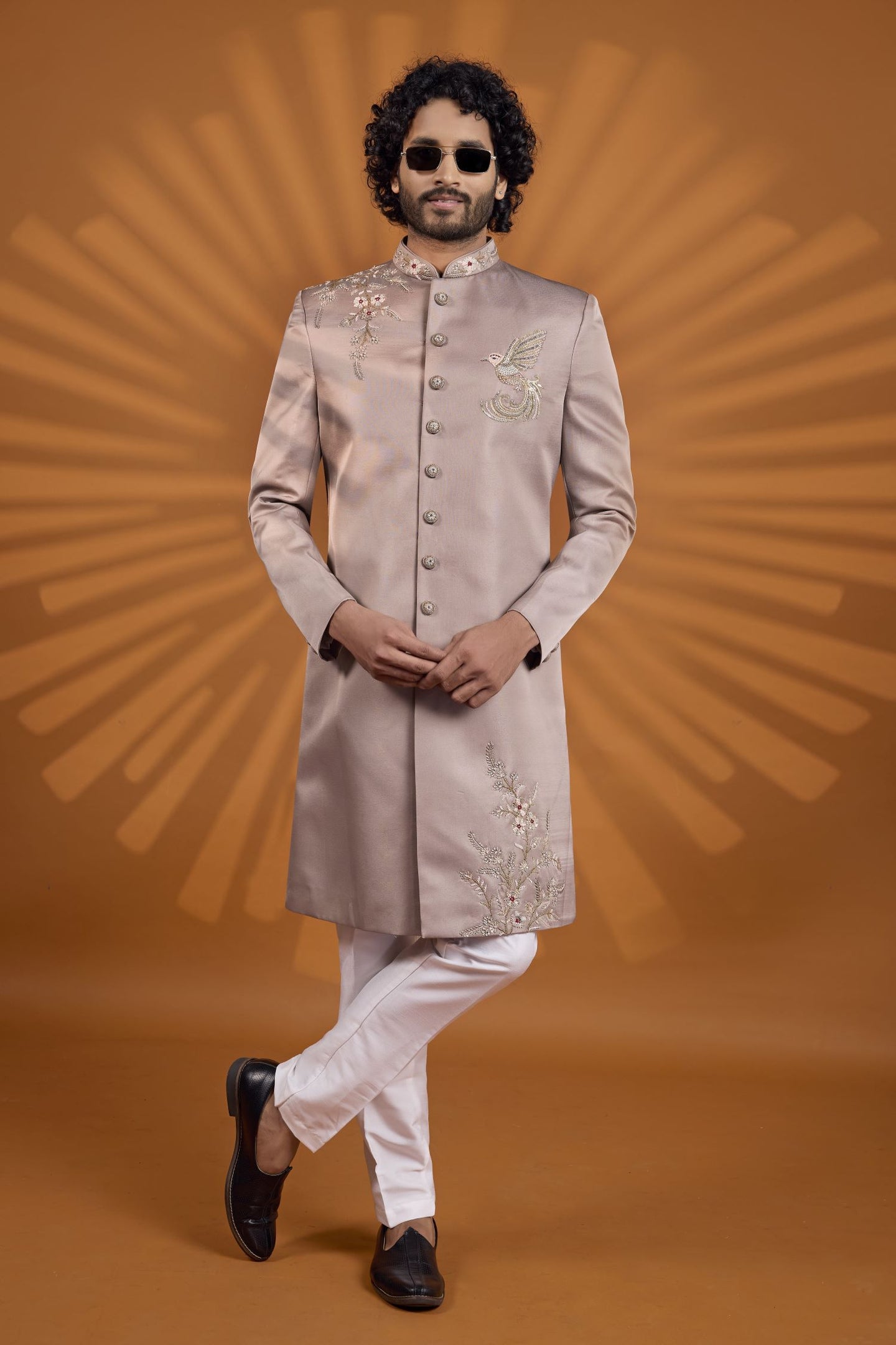 Dusty Purple Art Silk Indian Wedding Attire for Men with Embroidery Work