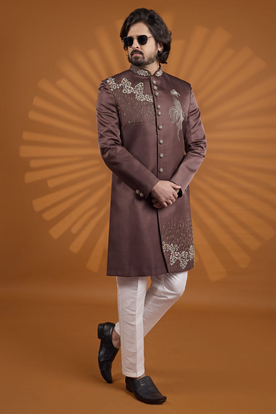 Brown Art Silk Suits for Wedding Mens India Embroidery Kurta Pajama