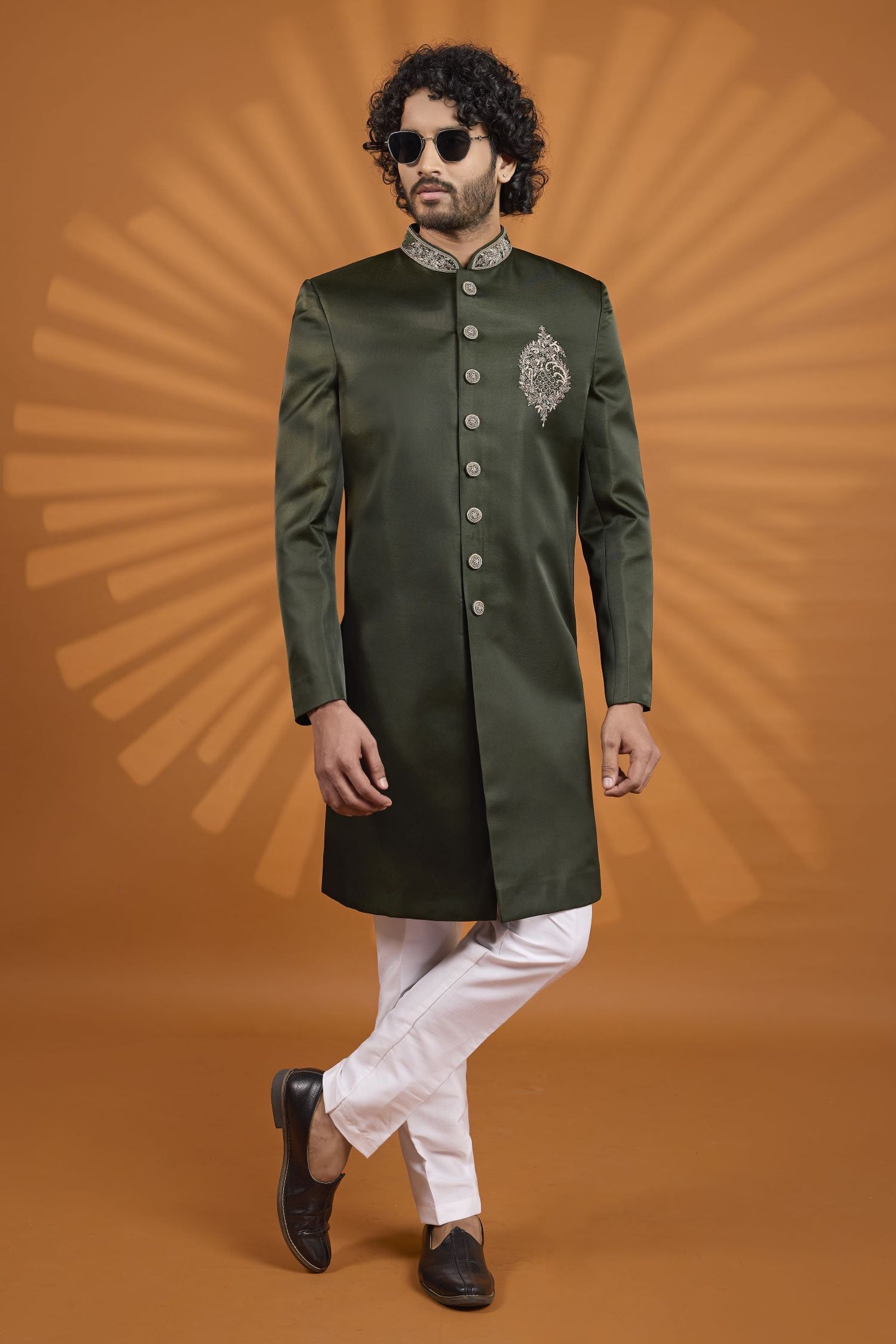Dark Green Art Silk Indian Wedding Outfit Man with Embroidery Kurta Pajama