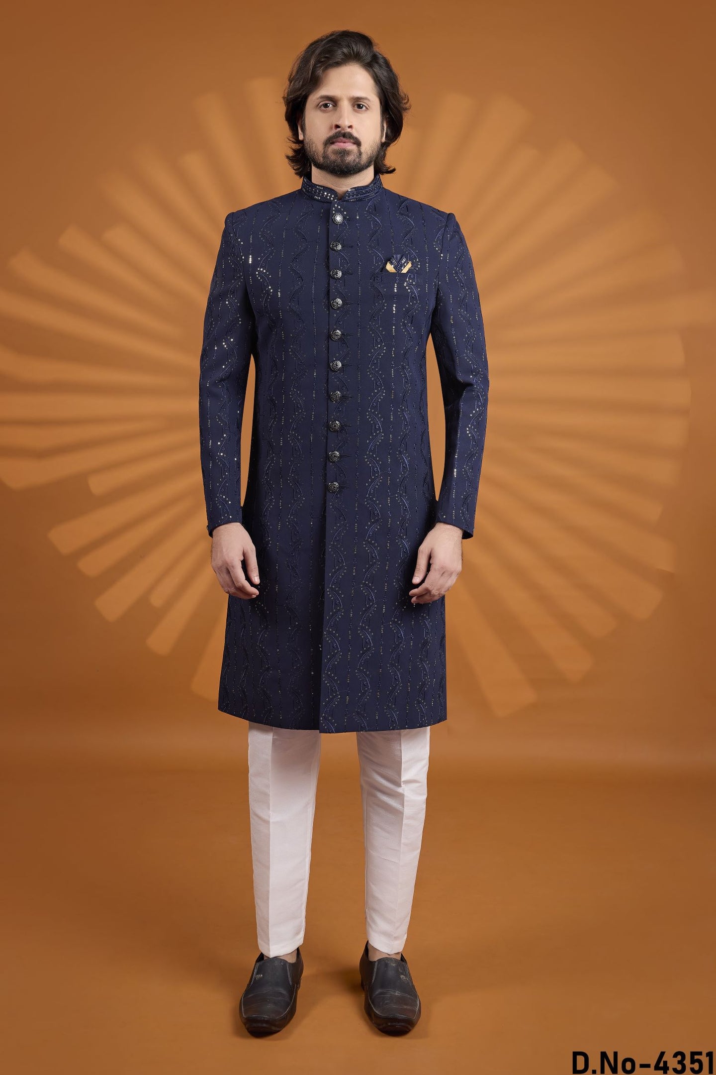 Navy Blue Georgette Indian Wedding Suits for Mens with Embroidery Kurta Pajama