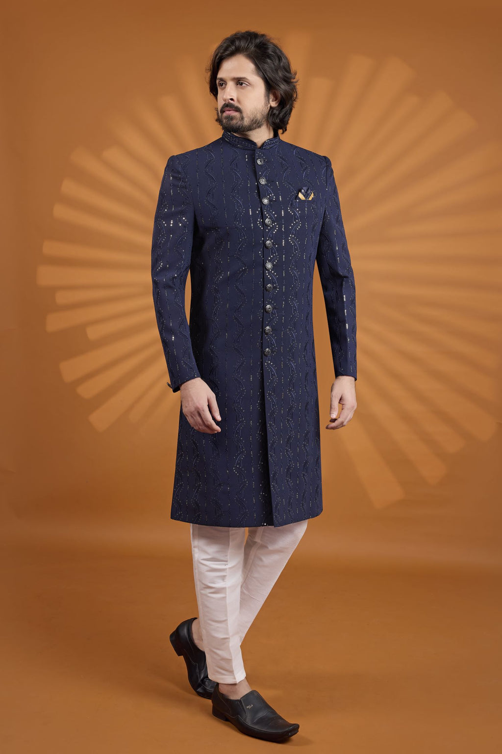 Navy Blue Georgette Indian Wedding Suits for Mens with Embroidery Kurta Pajama