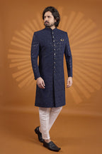 Navy Blue Georgette Indian Wedding Suits for Mens with Embroidery Kurta Pajama