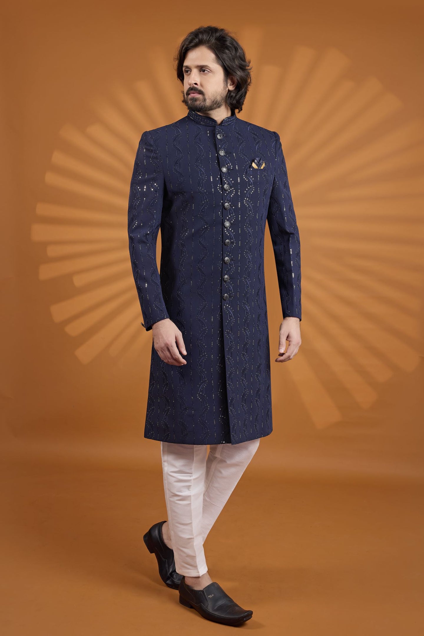 Navy Blue Georgette Indian Wedding Suits for Mens with Embroidery Kurta Pajama