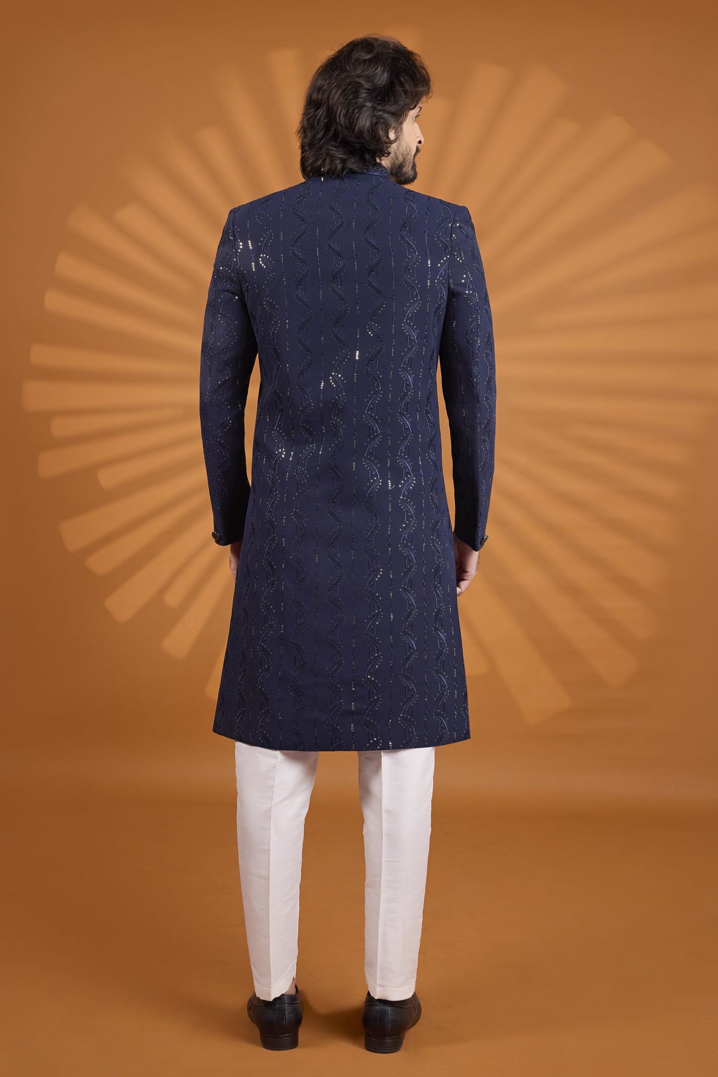 Navy Blue Georgette Indian Wedding Suits for Mens with Embroidery Kurta Pajama