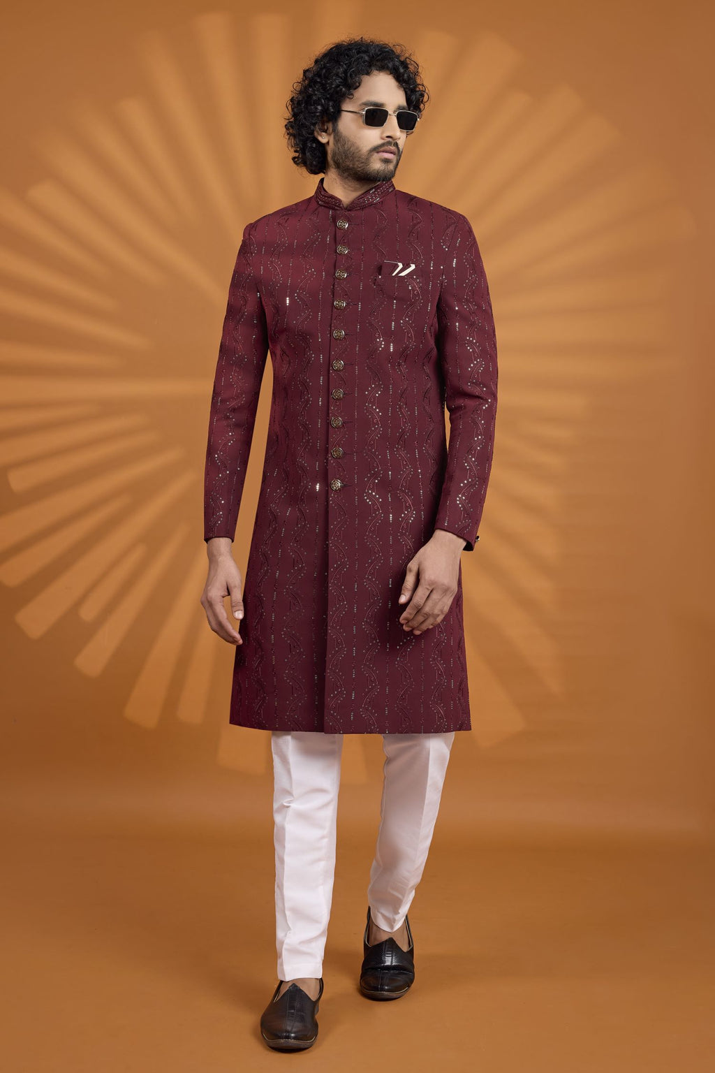 Burgundy Georgette Embroidered Indian Wedding Clothes Men Kurta Pajama