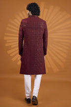 Burgundy Georgette Embroidered Indian Wedding Clothes Men Kurta Pajama