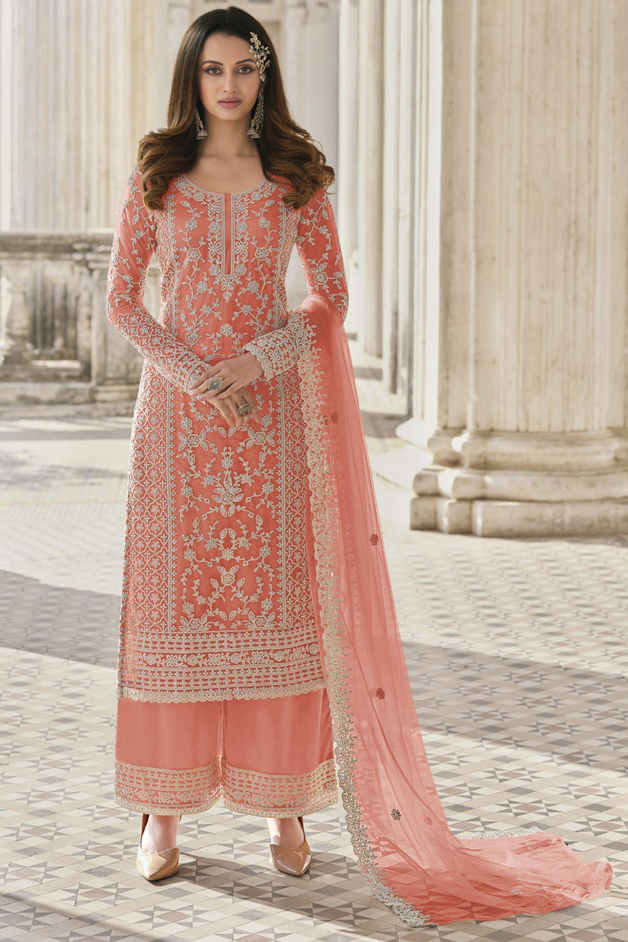 Light Orange Net & Cording Work Salwar Kameez Plazzo Suit For Indian Wedding & Festival - Embroidery Work, Cording Work