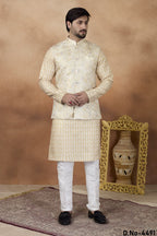 Cream Art Silk Kurta Pajama with Jacquard Work for Festival Wear Guys