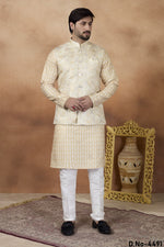 Cream Art Silk Kurta Pajama with Waistcoat for Festival Wear Guys