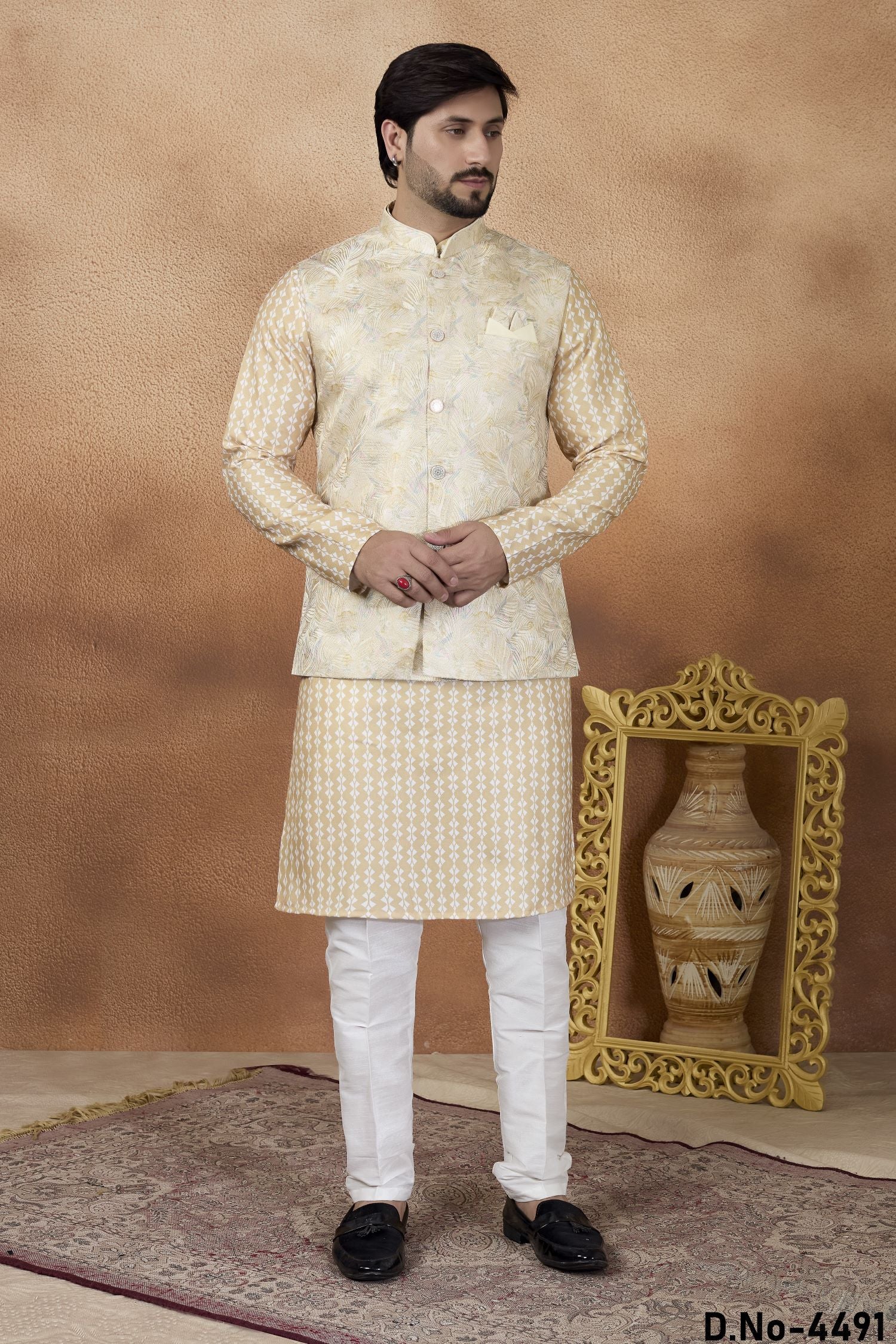 Cream Art Silk Kurta Pajama with Jacquard Work for Festival Wear Guys
